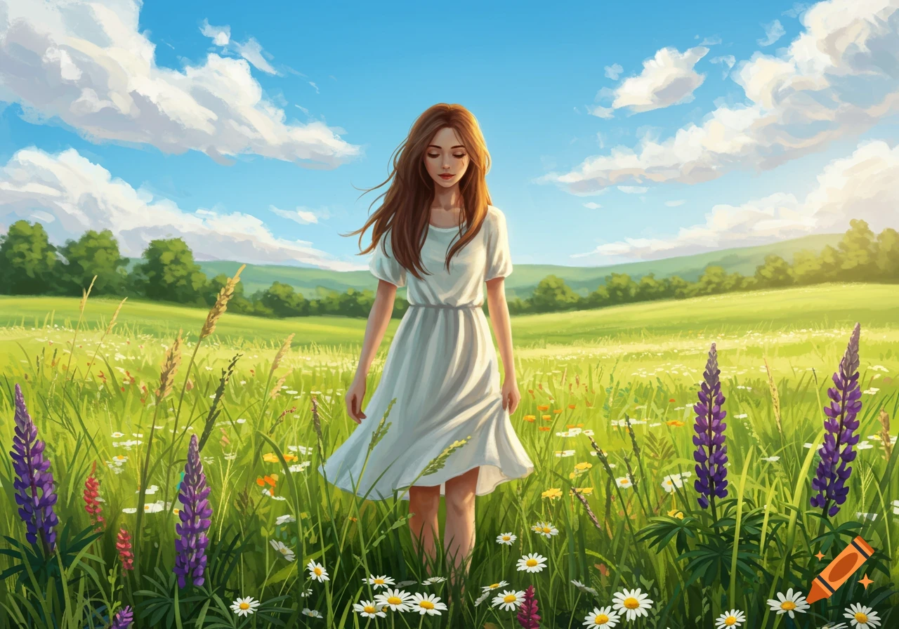 An illustrated young woman in a white dress stands in a vibrant green field of wildflowers under a bright blue sky.