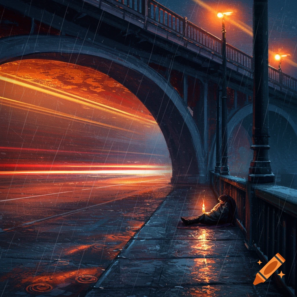 A painting of a person huddled with a candle under a dark bridge in the rain, with blurred orange light trails from traffic.