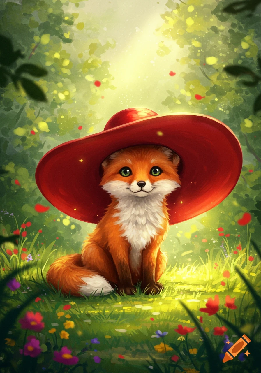 A cute fox in a large red hat sits in a vibrant, sunlit forest with colorful flowers, in a whimsical digital painting style.