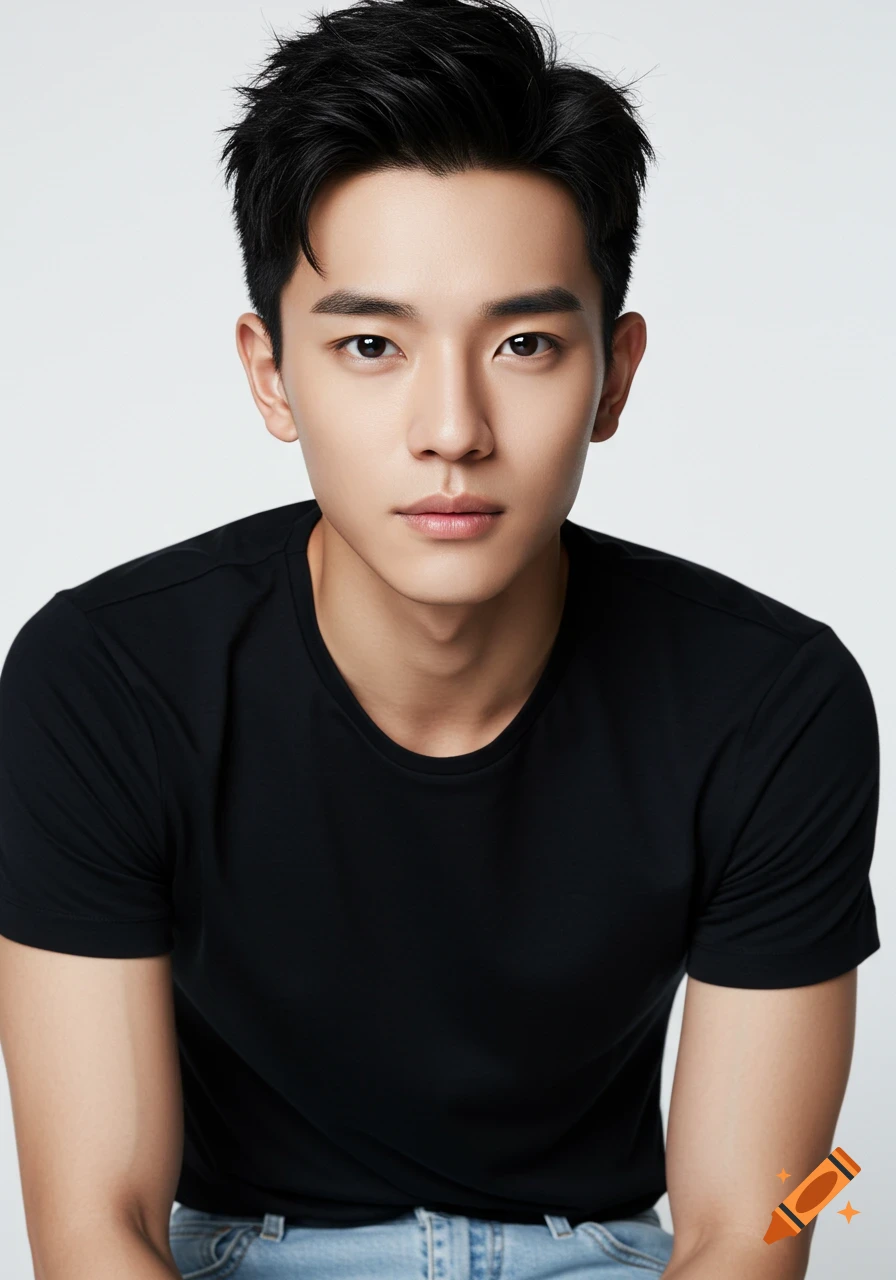 Photorealistic portrait of a young Asian man with short black hair and a black t-shirt against a white background.