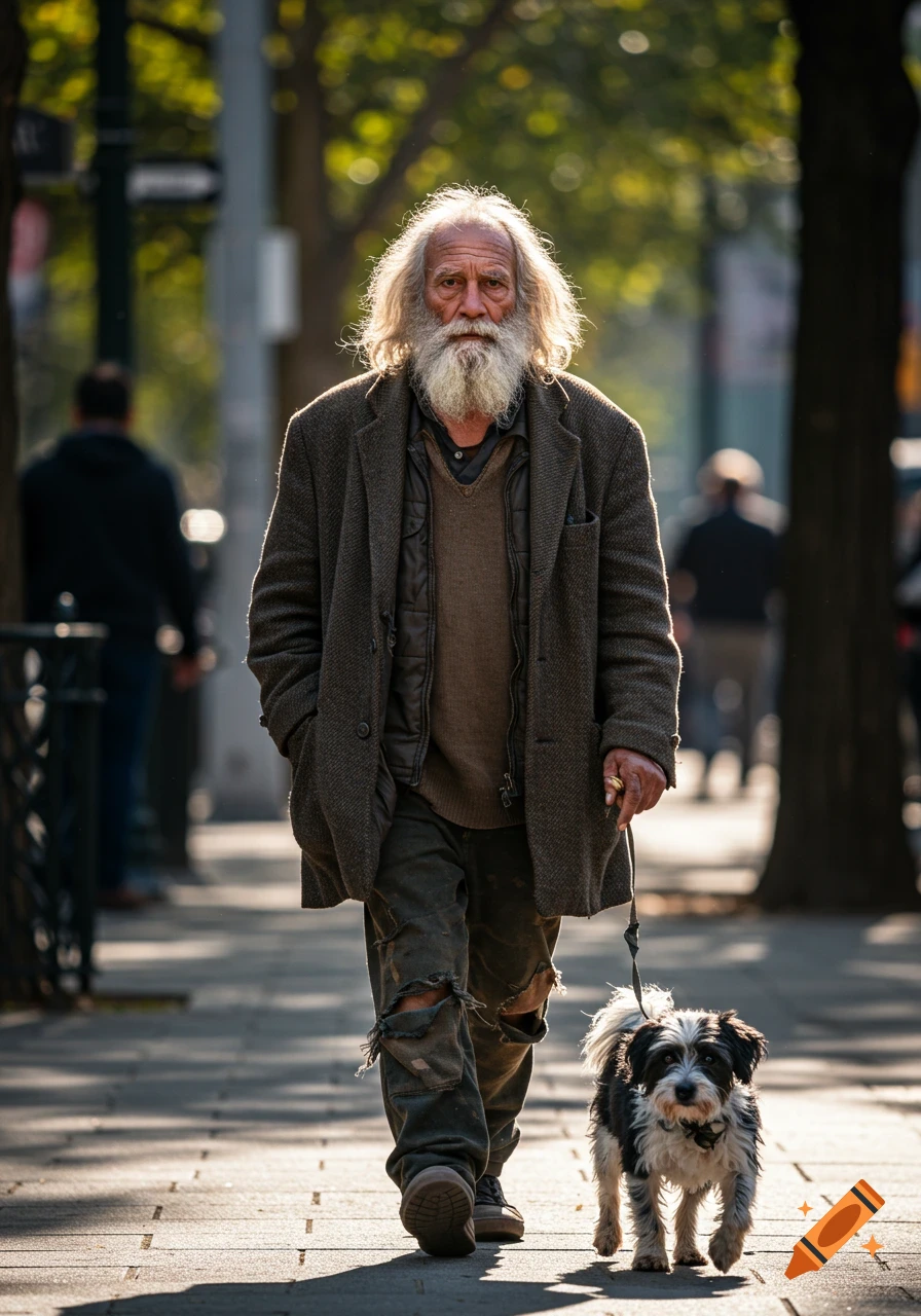 An old man with long silver hair and beard walks a small black and white dog with matted fur on a sunny street.