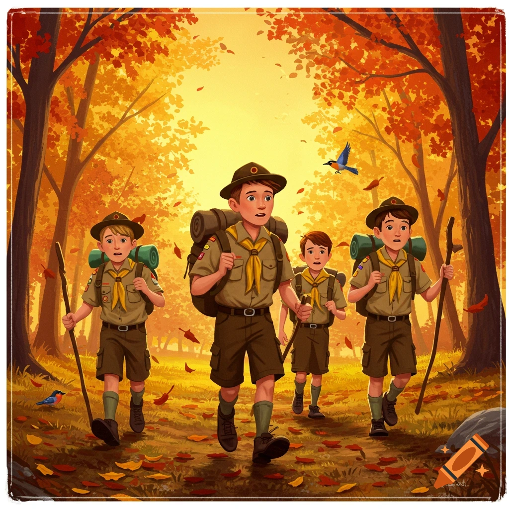 Four young Boy Scouts in uniform with backpacks and hiking sticks walk through an autumnal forest with orange and yellow leaves.