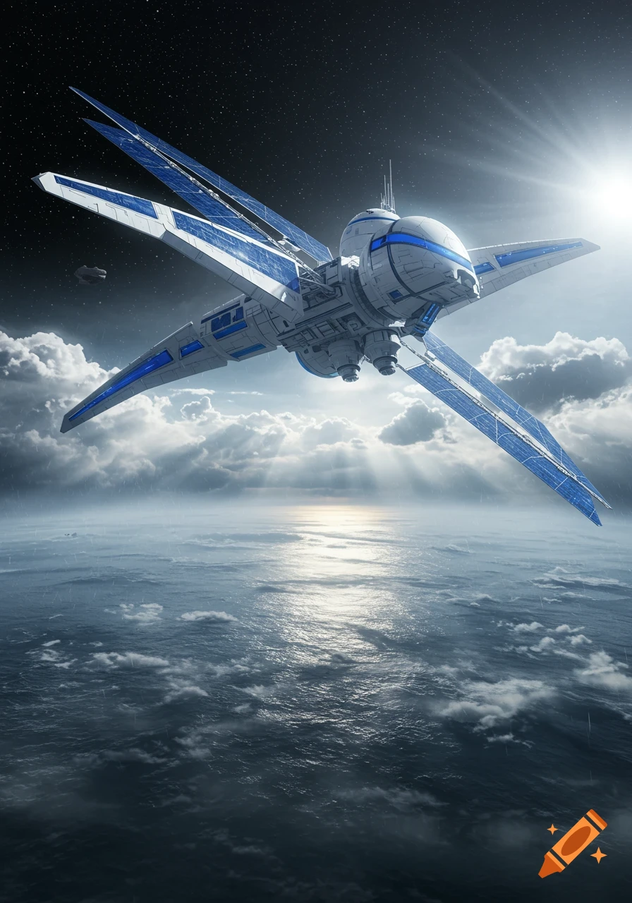 A futuristic white and blue spaceship with large wings flies over a dark, cloudy ocean planet with the sun shining in the background.