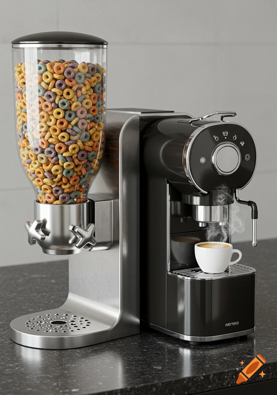 A modern, photorealistic appliance featuring a colorful cereal dispenser and a black coffee machine on a dark countertop, with steam rising from a cup of coffee.