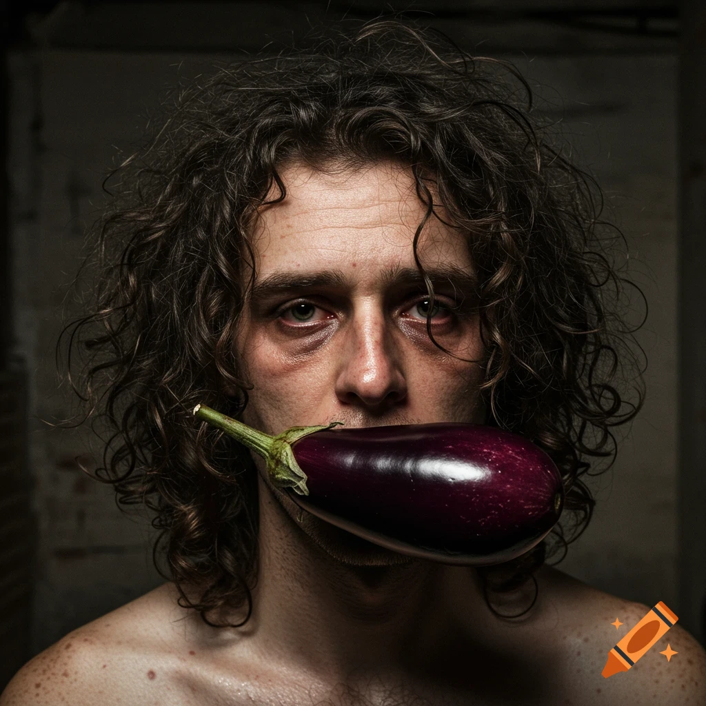 Close-up portrait of a man with curly hair and bags under his eyes holding a dark purple eggplant in his mouth.