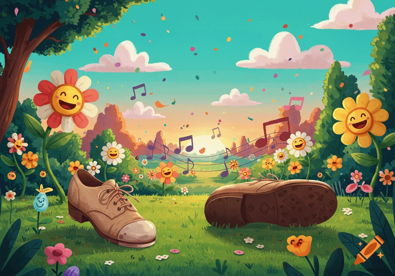 A vibrant cartoon whimsical scene with smiling flowers, brown shoes, and floating music notes in a grassy field.