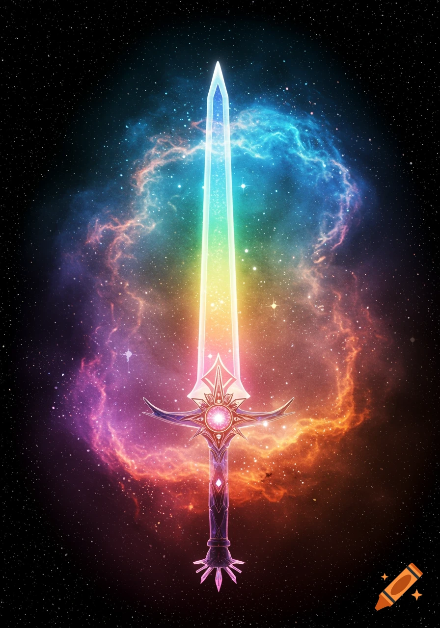 A glowing rainbow-colored sword with an ornate hilt stands vertically against a backdrop of colorful cosmic nebulae and stars.