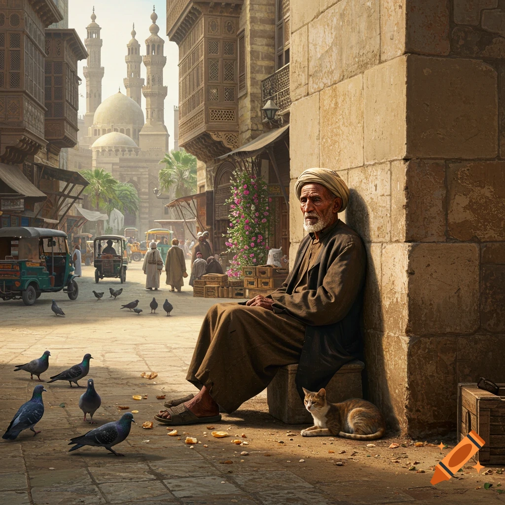 An old man with a turban sits by a stone wall on a bustling Cairo street, with pigeons and a cat on the ground.