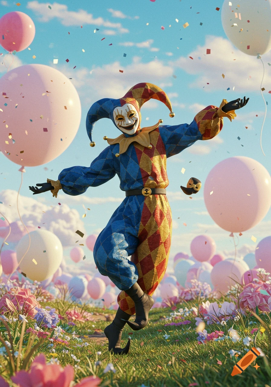 A whimsical jester in a colorful diamond costume and mask dances amidst flowers, balloons, and falling confetti.