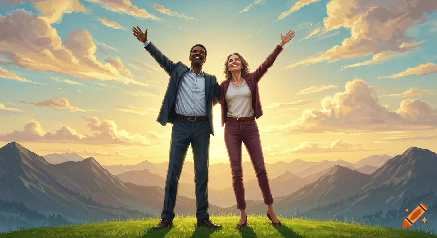 A man and a woman with outstretched arms stand on a grassy hill overlooking mountains at sunset, in a digital painting style.