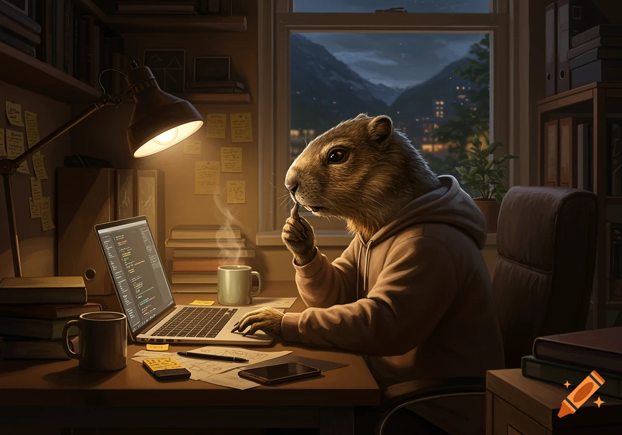 A humanoid marmot in a hoodie sits at a desk, coding on a laptop in a cozy, dimly lit room at night.