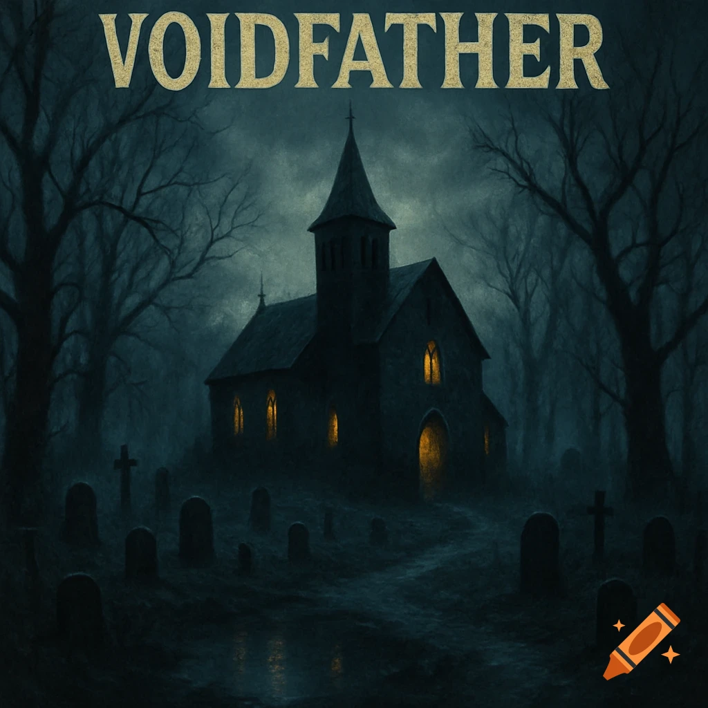 A gloomy, dark church with glowing windows stands in a moonlit graveyard with bare trees, featuring the golden text "VOIDFATHER" at the top.