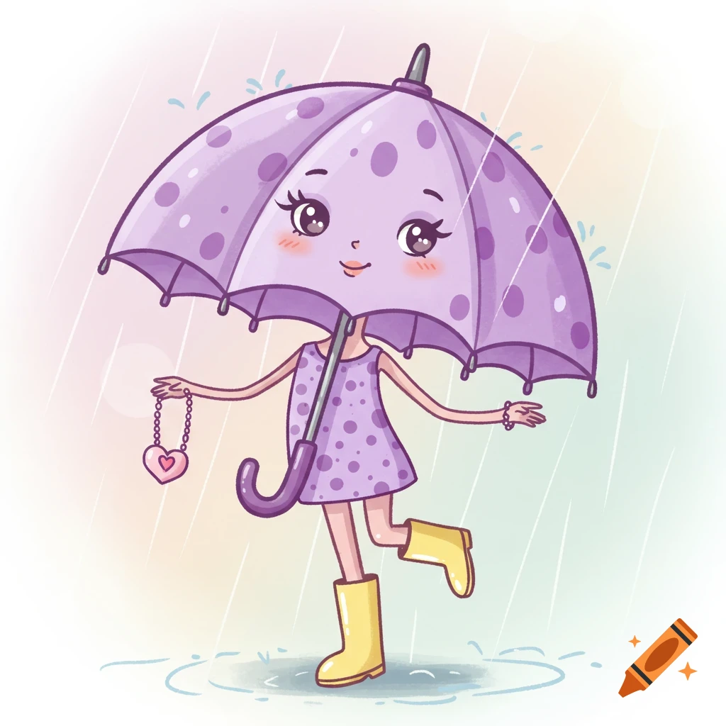 A cartoon purple umbrella character with a face, arms, legs, and yellow rain boots, holding a heart-shaped purse in the rain.