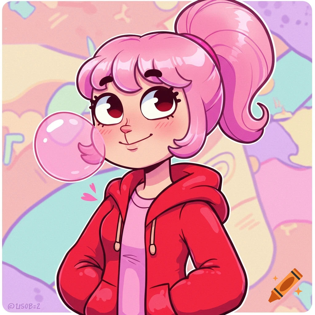 A smiling cartoon girl with pink hair in a ponytail, wearing a red hoodie and pink shirt, blowing a pink bubblegum bubble.
