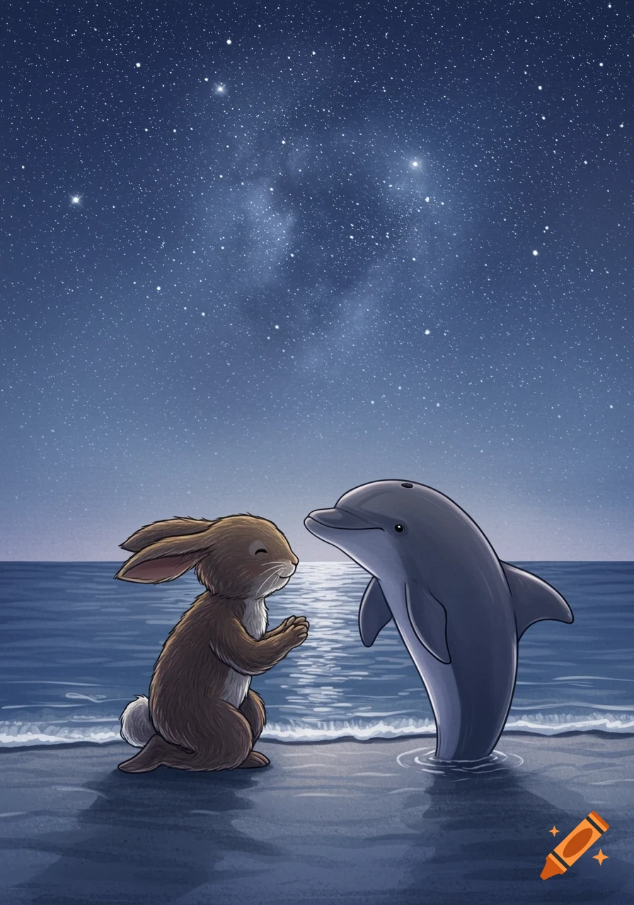 An illustrated rabbit and dolphin meet on a moonlit beach under a starry night sky.