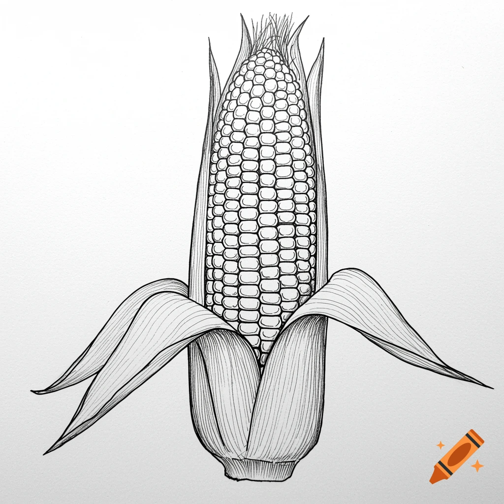 A detailed black and white sketch of a cob of corn with husks peeled back, on a white background.