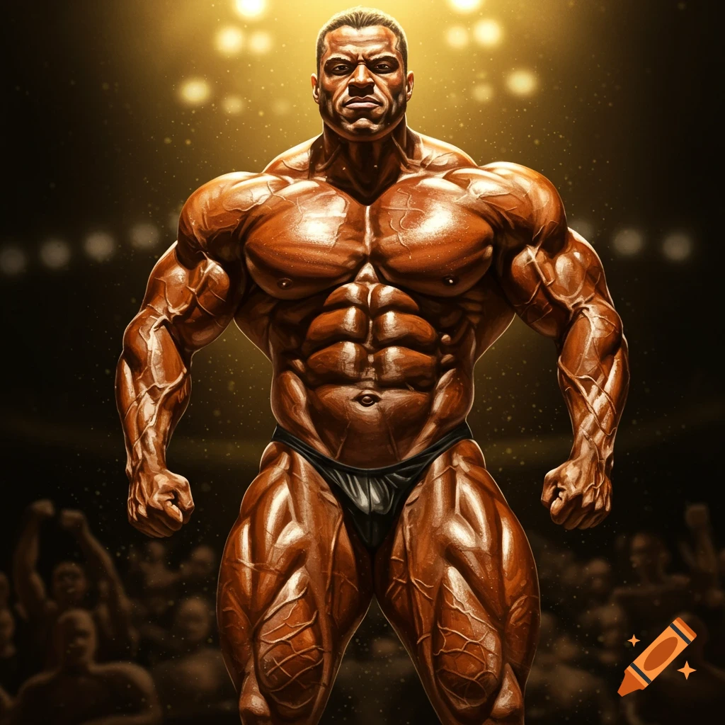 A photorealistic image of a very muscular male bodybuilder posing on stage under golden spotlights with a blurred crowd in the background.