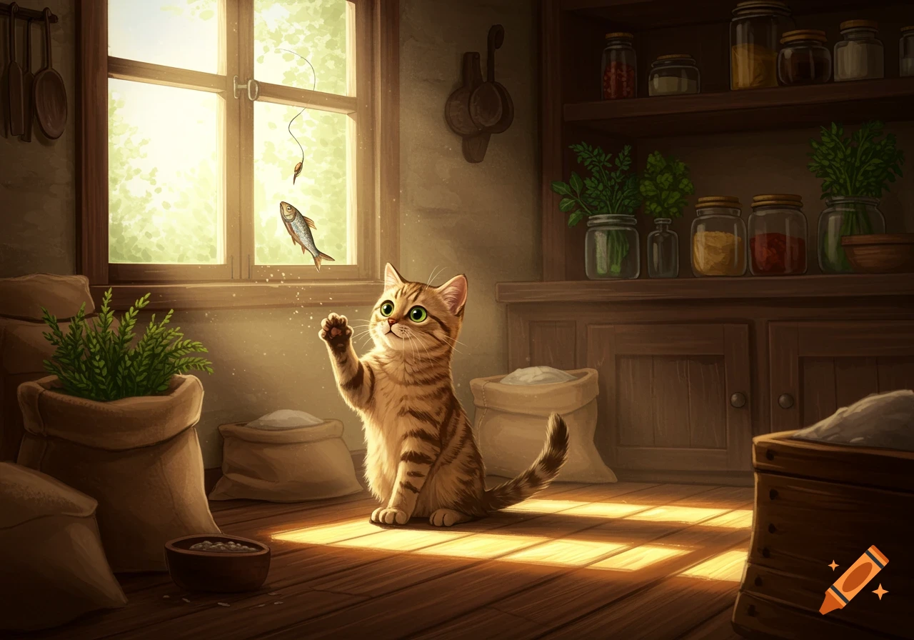 A cute striped tabby cat playing with a toy fish dangling from a sunlit window in a rustic room, digital illustration.