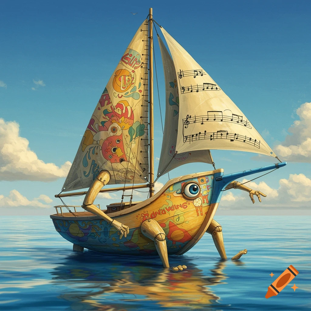 A whimsical, cartoon-style sailboat creature with big eyes, wooden arms, and legs, featuring sails with musical notes and abstract patterns, floats on calm blue water under a clear sky.