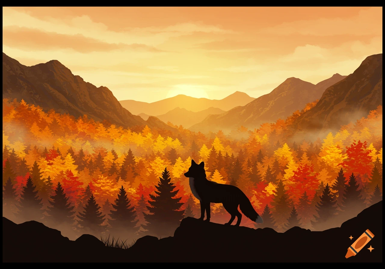 A stylized image of a fox in silhouette on a rock, overlooking an autumnal mountain forest at sunset.