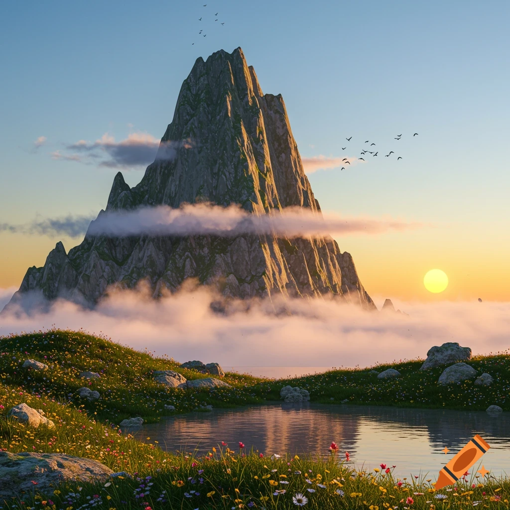 A breathtaking landscape at sunset featuring a towering mountain amidst clouds, a serene lake, and a field of colorful wildflowers.