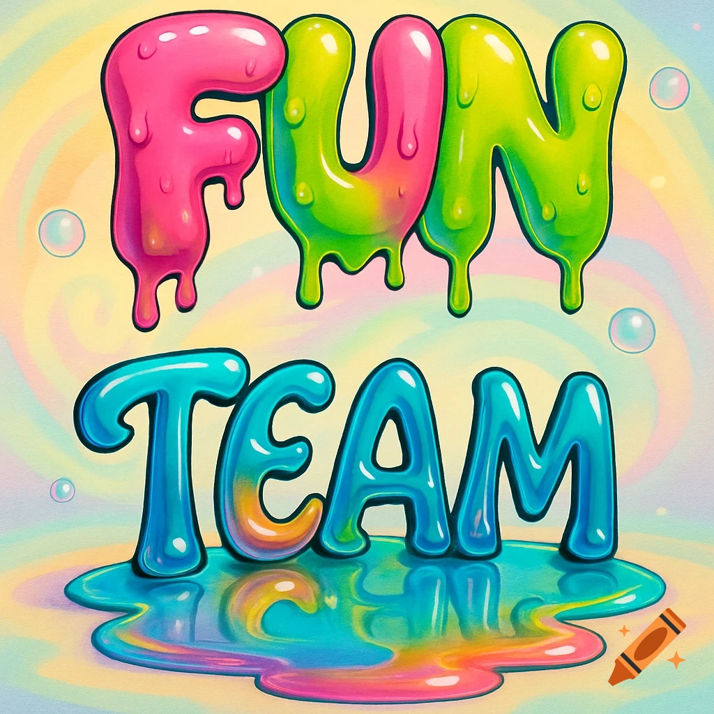 Vibrant, colorful bubble letters spell 'FUN' dripping with slime and 'TEAM' puddled below on a pastel swirling background.