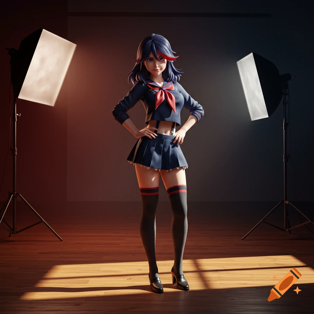 An anime-style woman resembling Ryūko Matoi from Kill la Kill, in a dark school uniform, poses confidently in a photo studio with two softbox lights.
