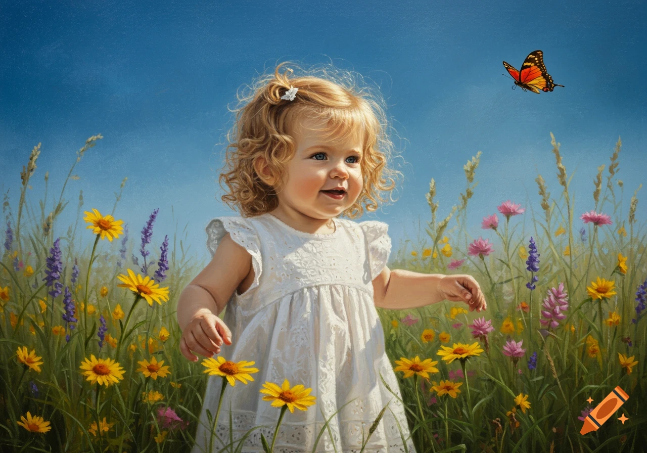 A smiling toddler with curly blonde hair in a white dress stands in a vibrant field of yellow and purple wildflowers under a blue sky, looking up at a butterfly.