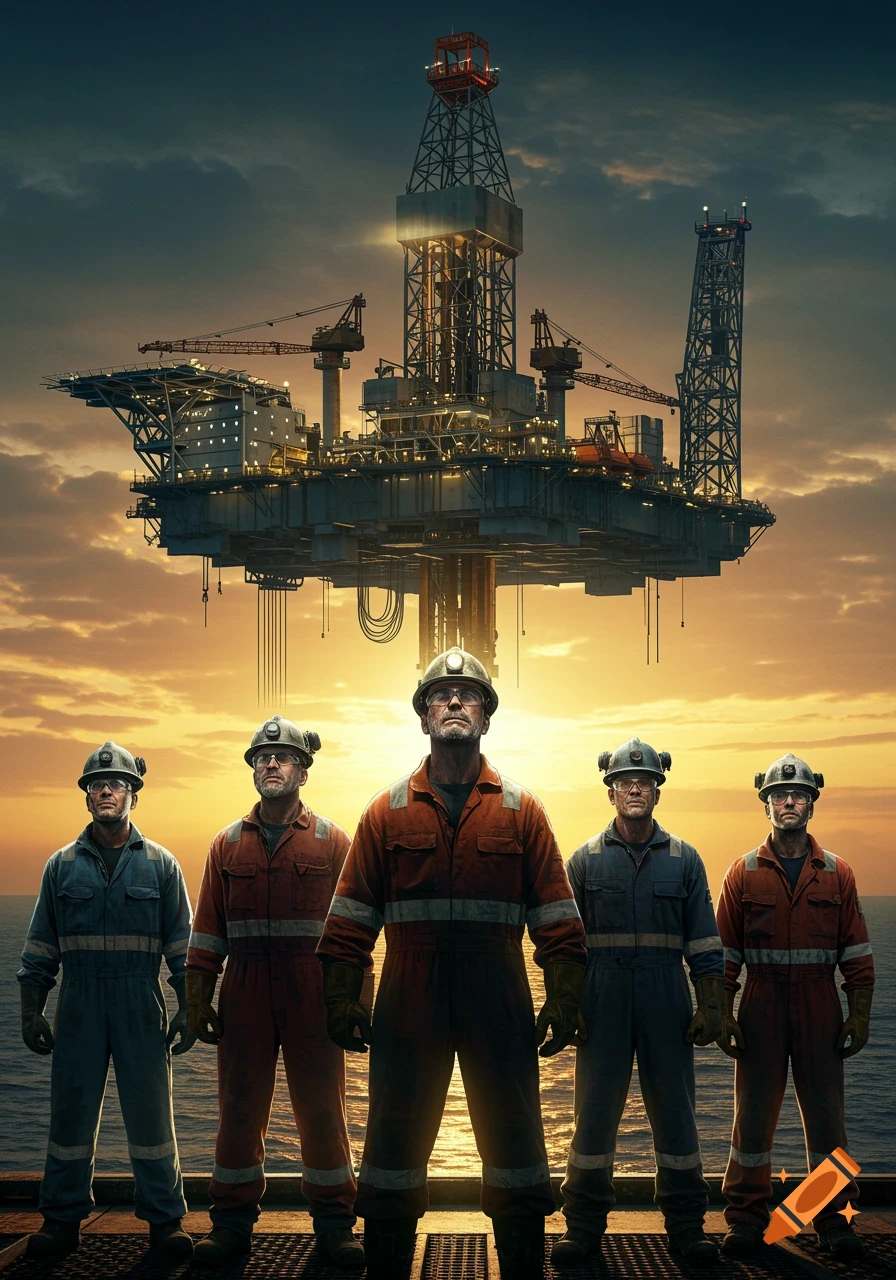 Five oil rig workers in overalls and hard hats stand on an offshore platform, looking up at a massive drilling rig against a sunset sky. Photorealistic.
