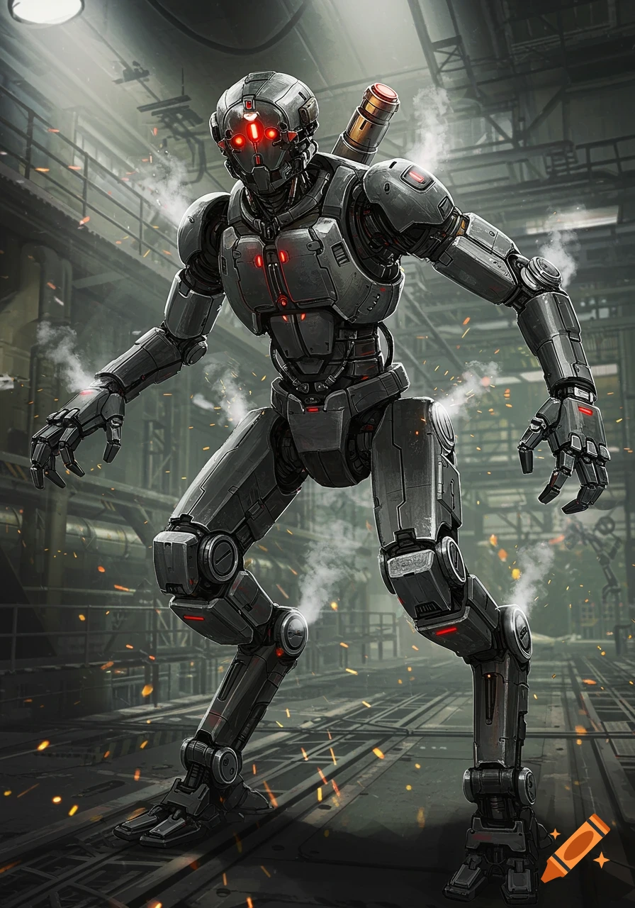 A detailed gray and black robot with glowing red eyes stands in a smoky industrial facility with sparks flying.