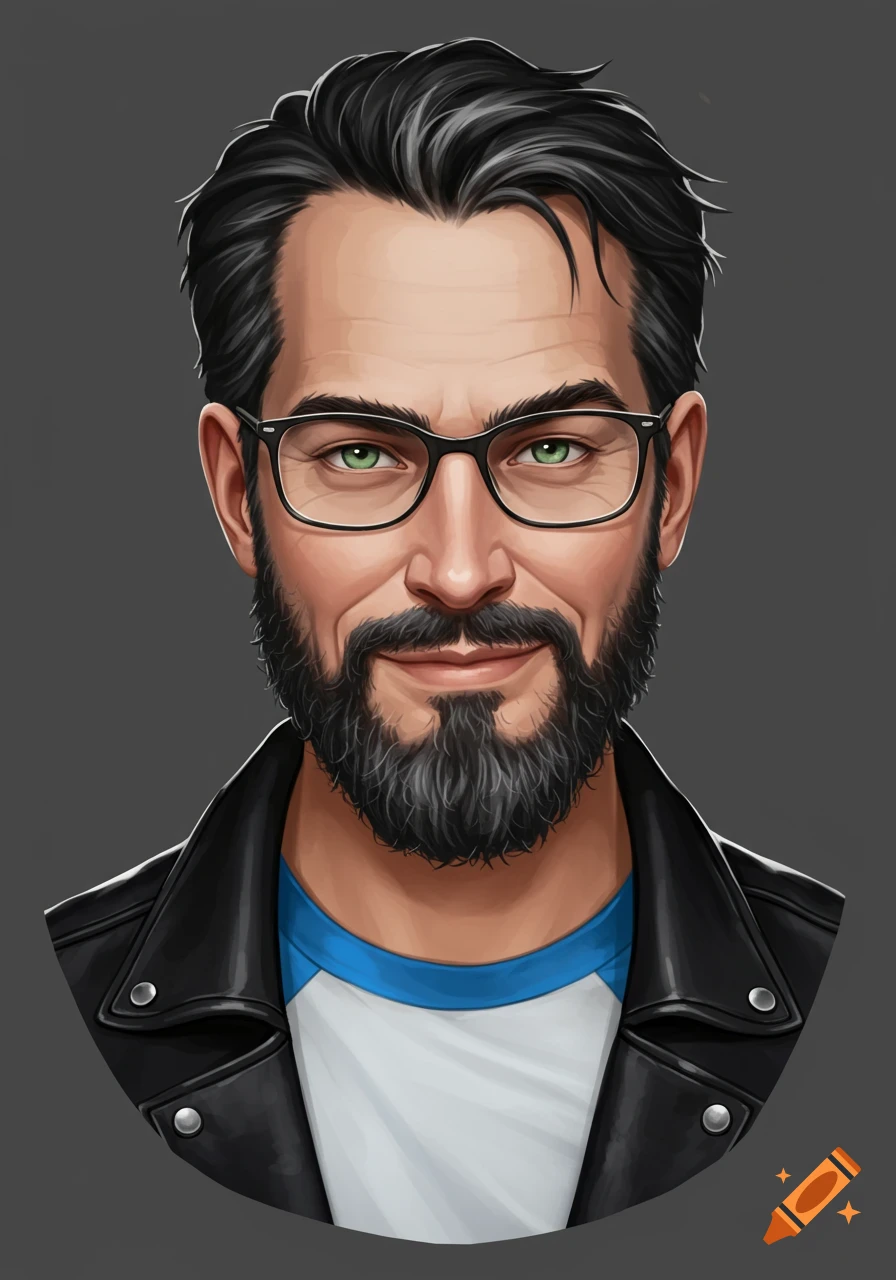 Digital illustration of a smiling man with black hair, black beard with grey streaks, green eyes, and eyeglasses, wearing a black leather jacket over a white and blue raglan shirt.