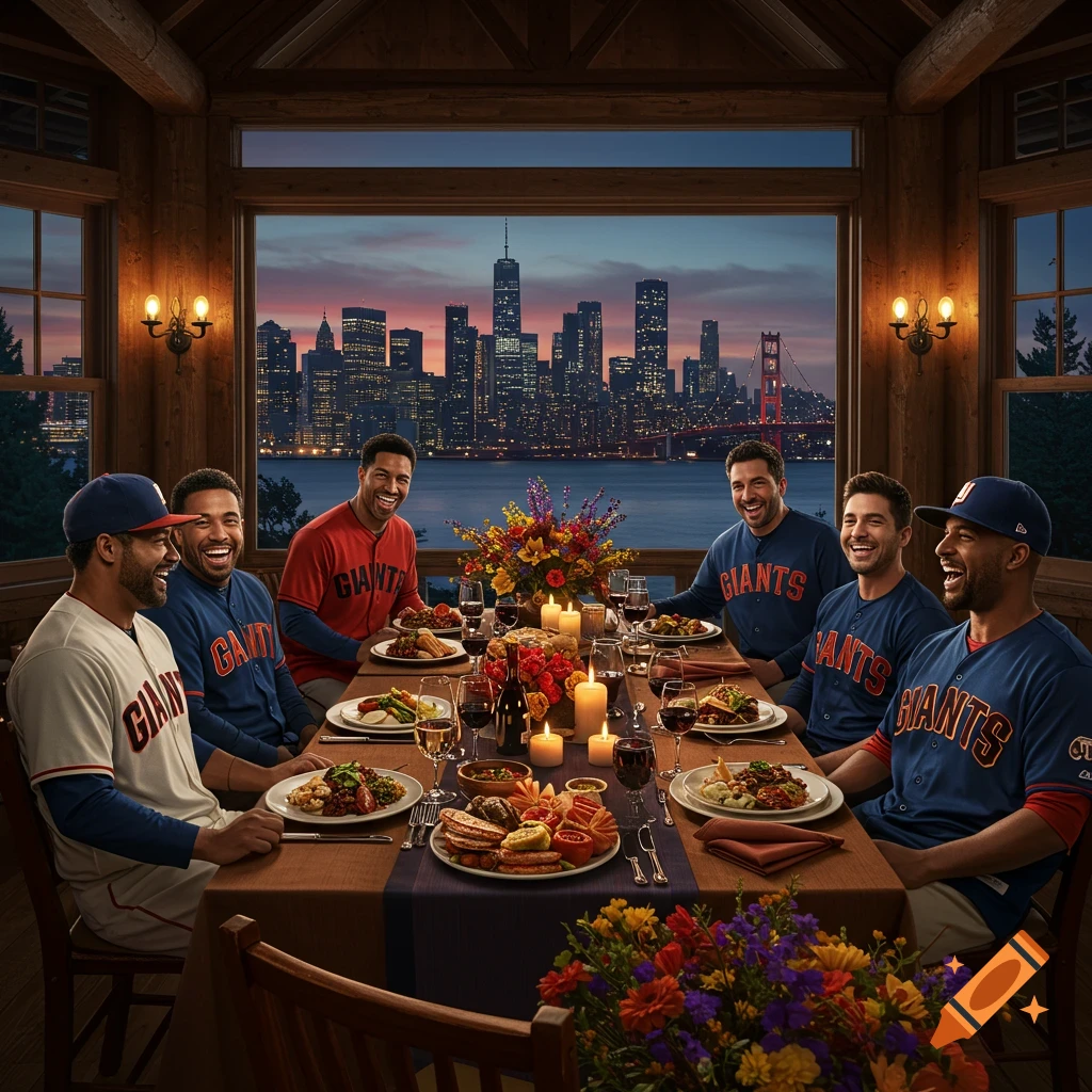 Men in 'Giants' baseball jerseys smiling and eating dinner at a table, with a city skyline and bay visible at dusk.