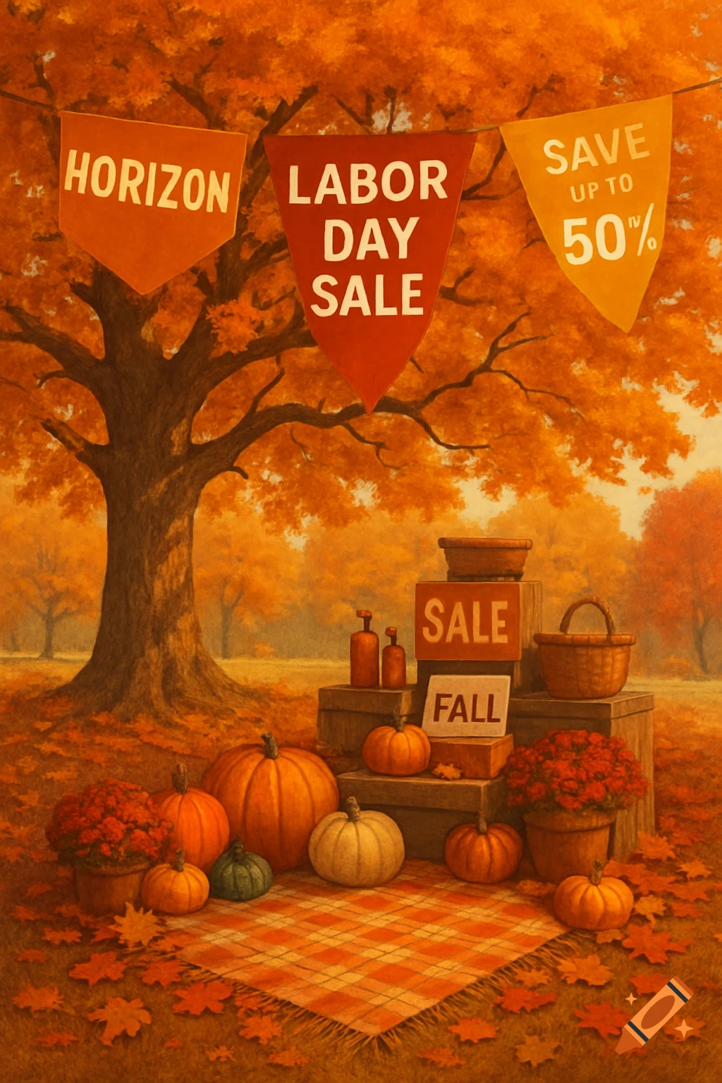 A fall landscape with vibrant orange trees, scattered leaves, pumpkins, a plaid blanket, and banners advertising a Labor Day Sale.