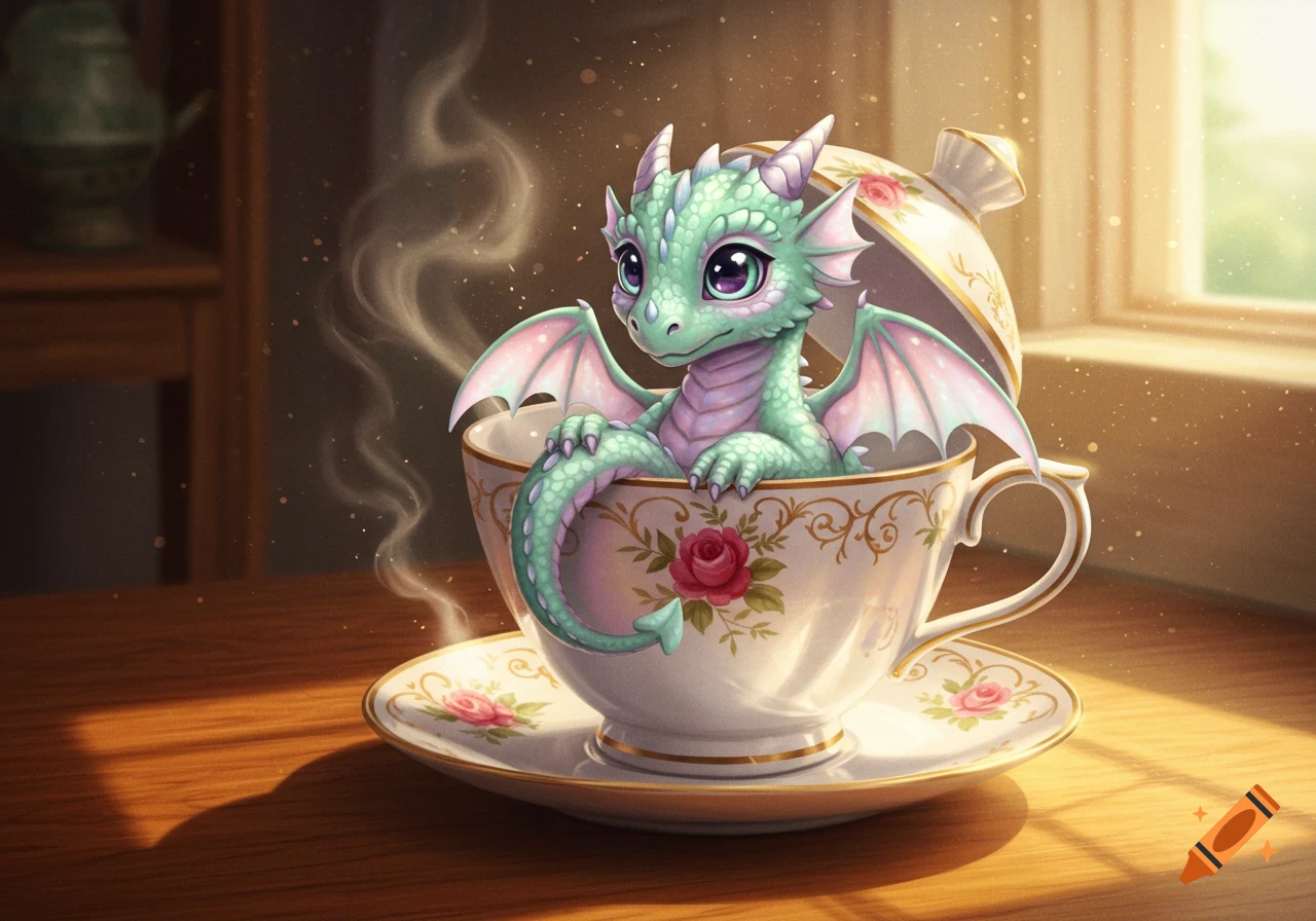 A cute, light green and pink baby dragon sits inside a white teacup decorated with pink roses on a wooden table, steam rising.