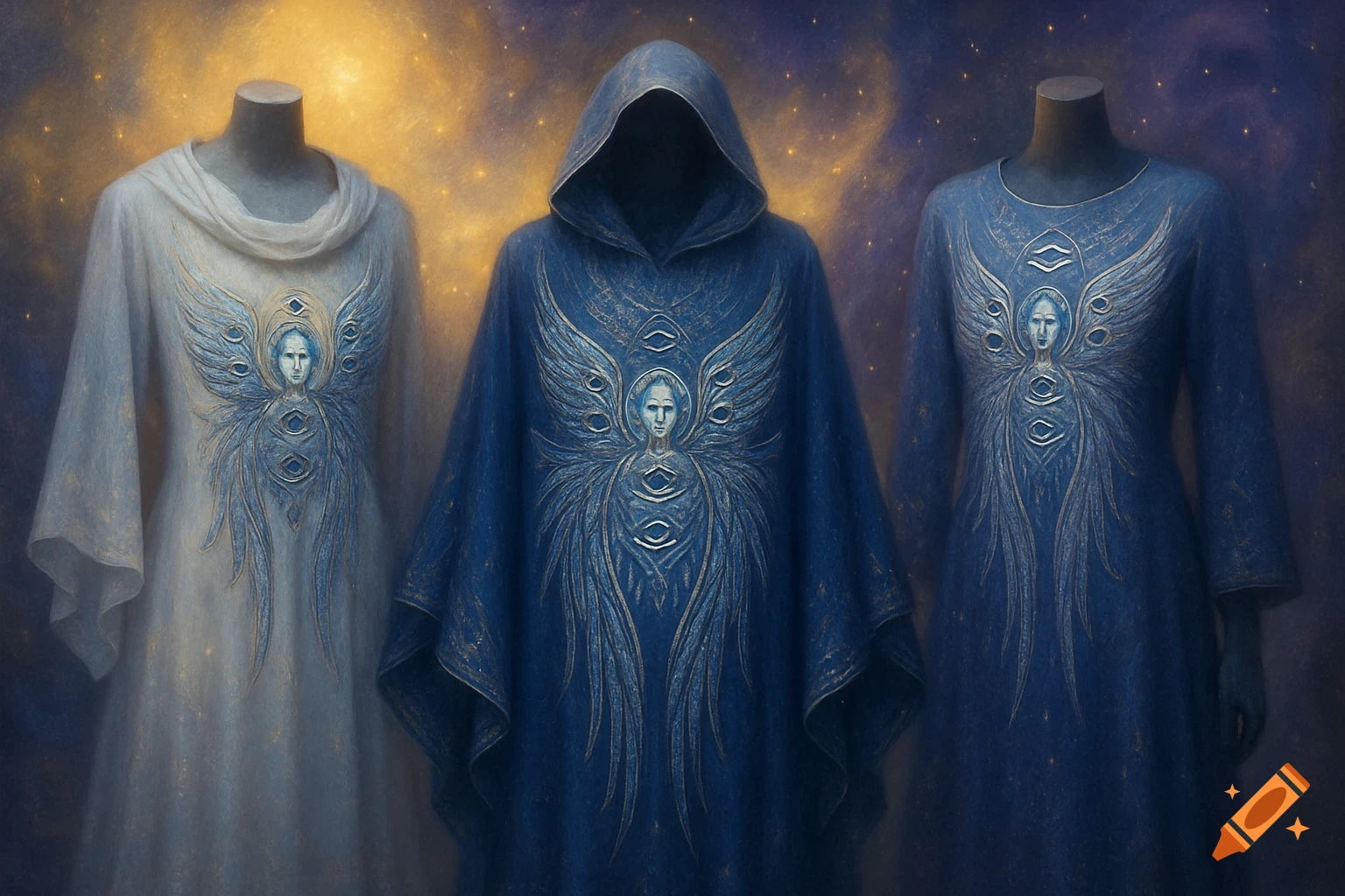 Three robes on mannequins, one white and two blue, with intricate silver and blue designs of multi-eyed angels on a cosmic background.