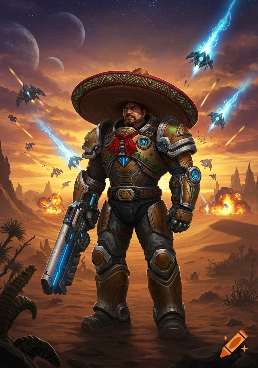A detailed illustration of a futuristic soldier in power armor and a sombrero in a desert battlefield with spaceships and explosions.
