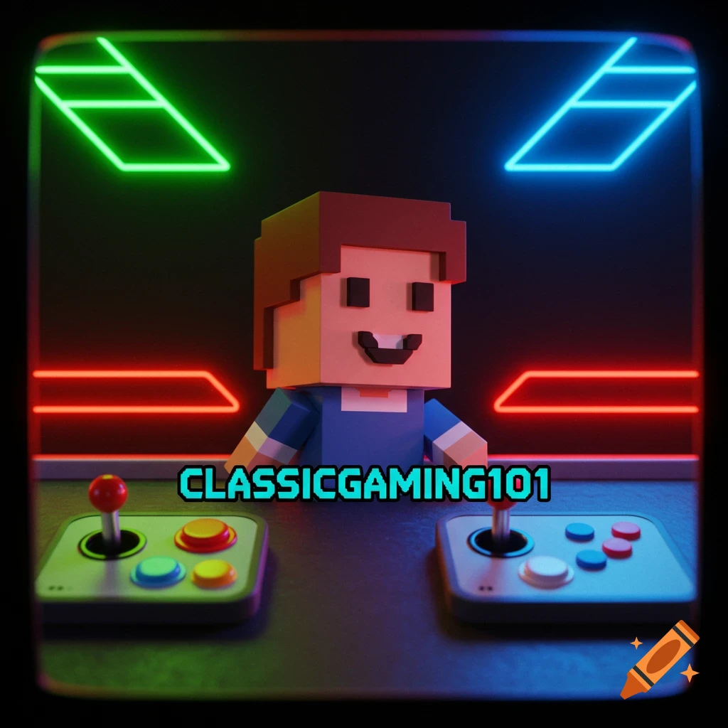 A smiling pixel art character with an arcade setup, featuring two joysticks, neon lights, and the text "CLASSICGAMING101".