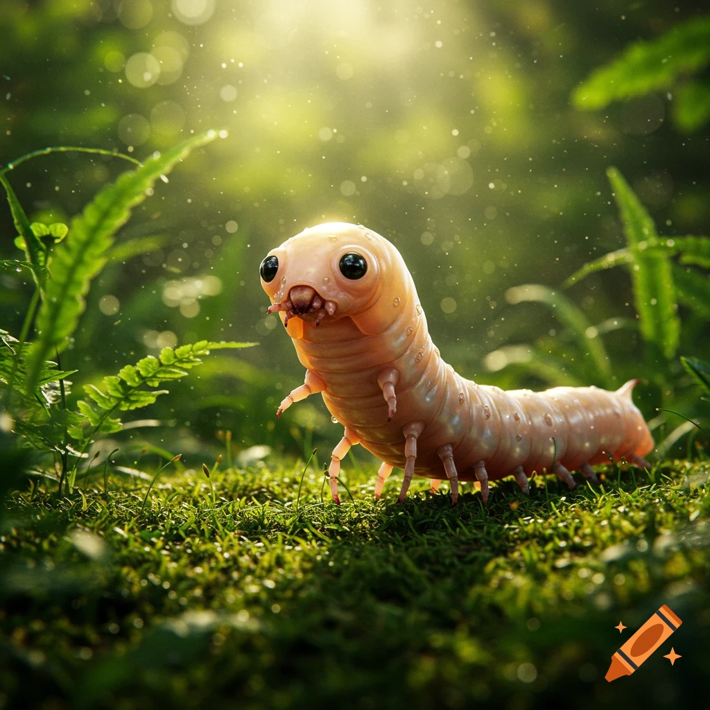 A cute, photorealistic, light orange caterpillar with large black eyes and multiple small legs crawls across dewy green grass.