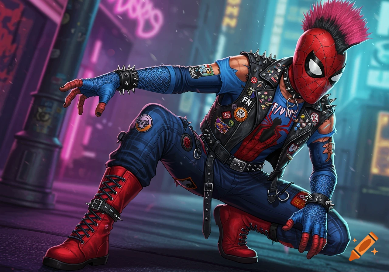 Punk rock Spider-Man in a leather vest with spikes and patches, torn shirt, plaid pants, and red boots, striking a pose in a neon-lit city street.