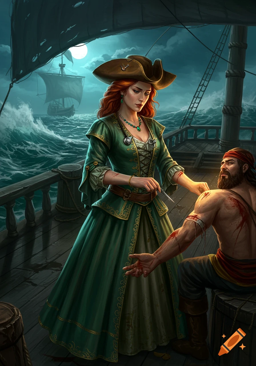 A red-haired woman in a green dress treats a wounded man on a pirate ship deck at night, with a stormy sea and full moon behind them. Digital illustration.