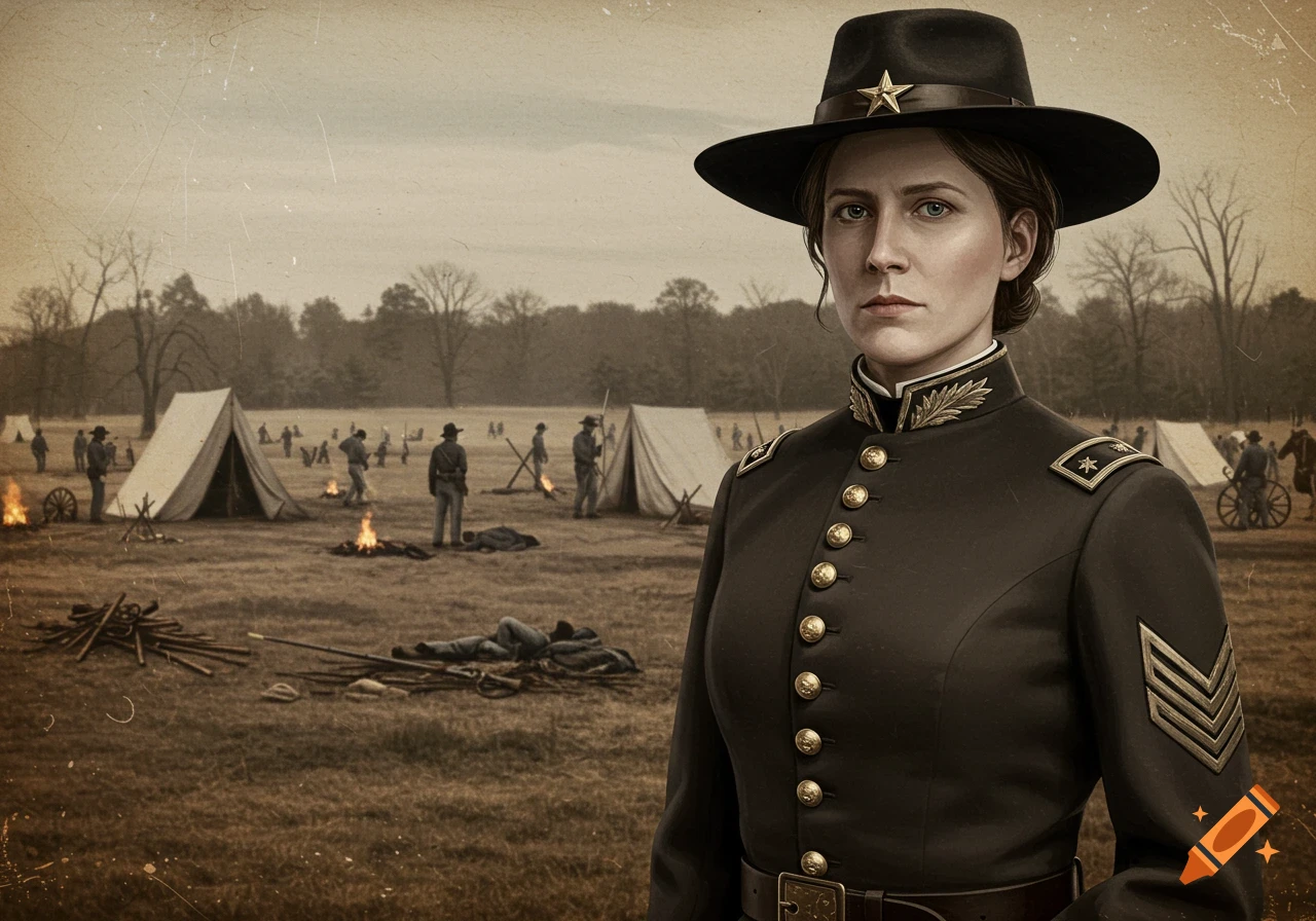 A serious woman in a dark Civil War era military uniform and hat stands in a sepia-toned camp with tents and soldiers in the background.