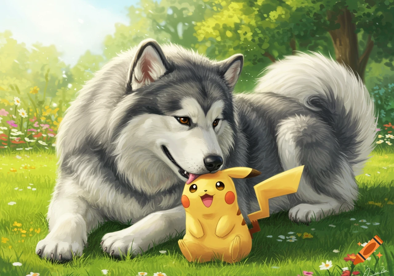 A Malamute dog licking a happy Pikachu's head in a grassy field with flowers and trees.