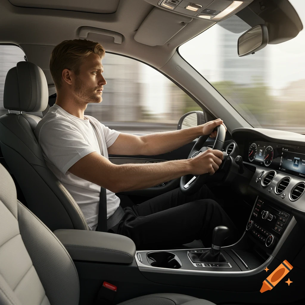 A man in a white t-shirt driving a modern car.