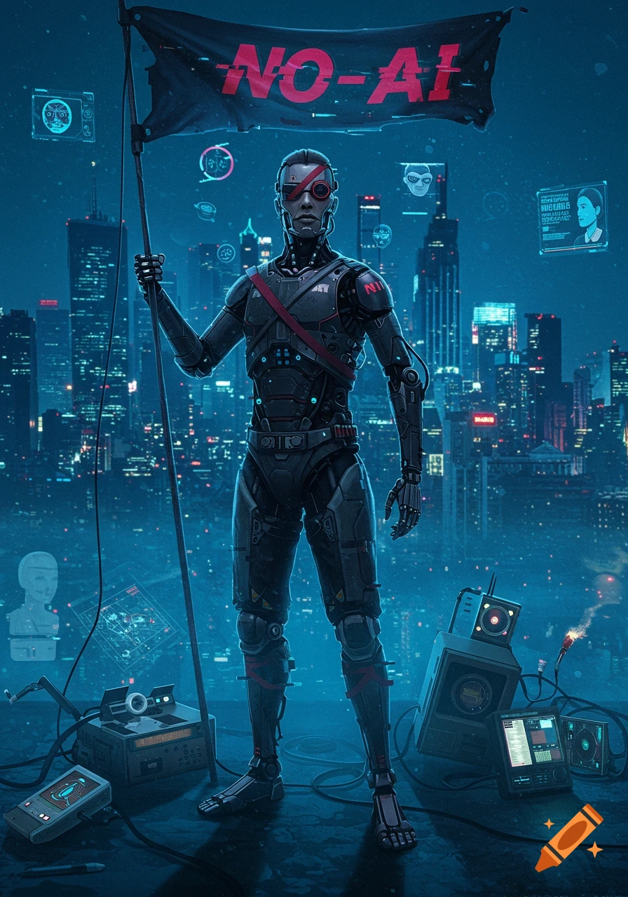 A cyberpunk cyborg stands on a rooftop holding a black flag that reads 'NO-AI', overlooking a neon-lit futuristic city at night.