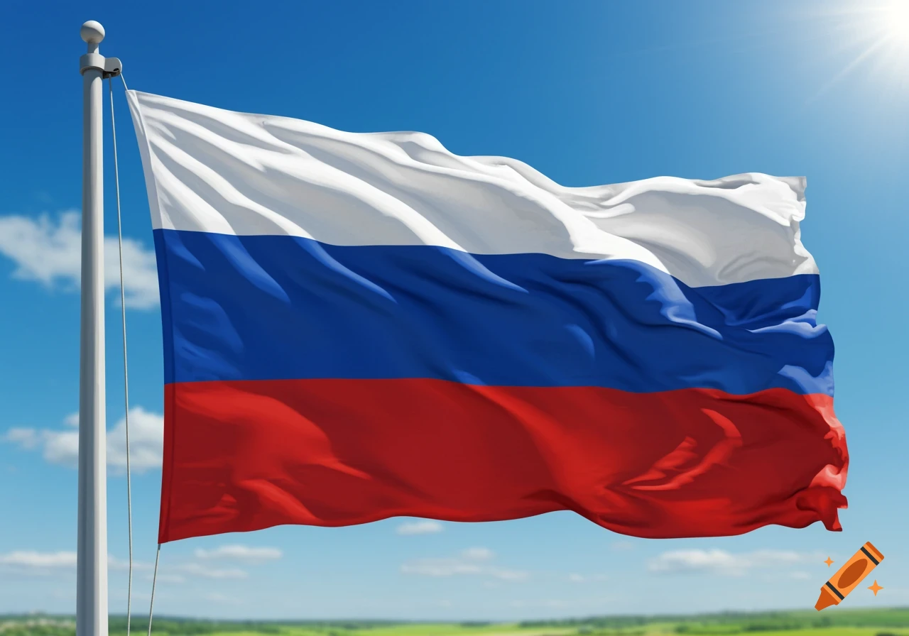 A large Russian flag with white, blue, and red stripes waves on a flagpole against a clear blue sky with a blurry green landscape below.