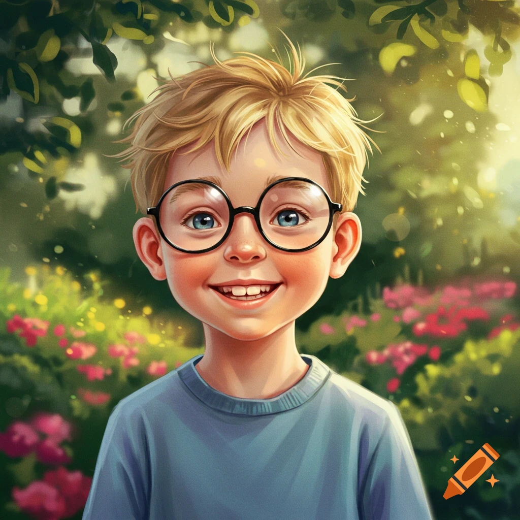 A smiling boy with blonde hair and round black glasses in a sunny garden, in an illustrated style.