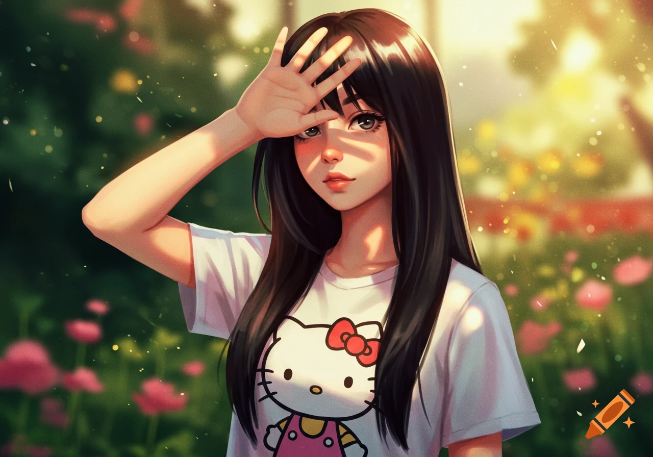 Anime girl with black hair in a Hello Kitty shirt, shielding her eyes from sunlight outdoors.