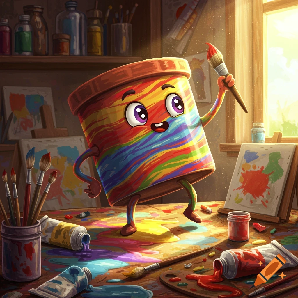A cartoon rainbow paint pot with arms and legs, holding a paintbrush in a messy art studio.