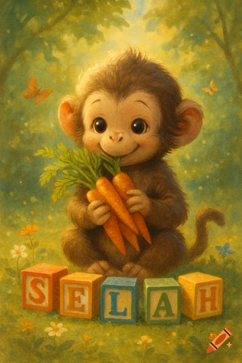 A cute, fluffy cartoon baby monkey sitting in a field, holding a bunch of carrots, with colorful alphabet blocks spelling 'SELAH' in front of it.