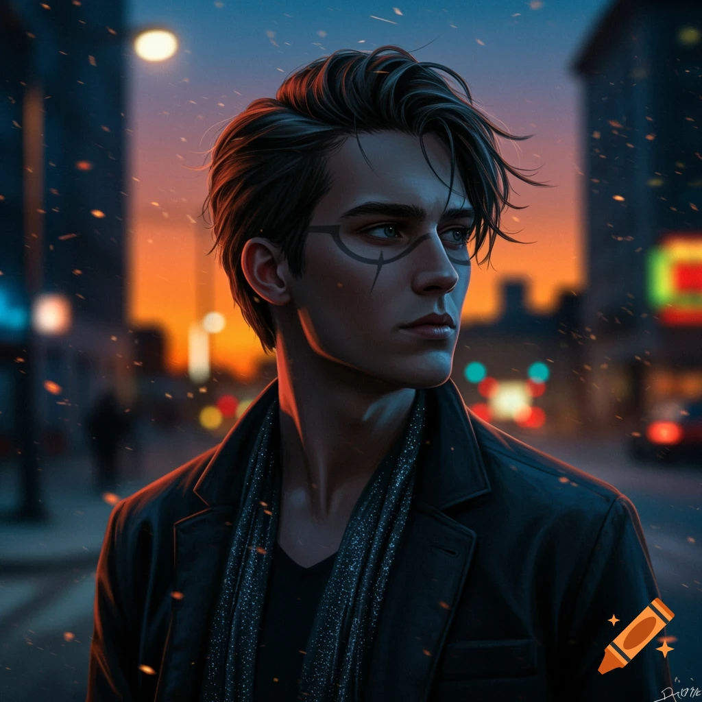 Stylized portrait of a young man with tribal markings on his face, wearing a dark jacket and shimmery scarf, against a blurred urban sunset background.